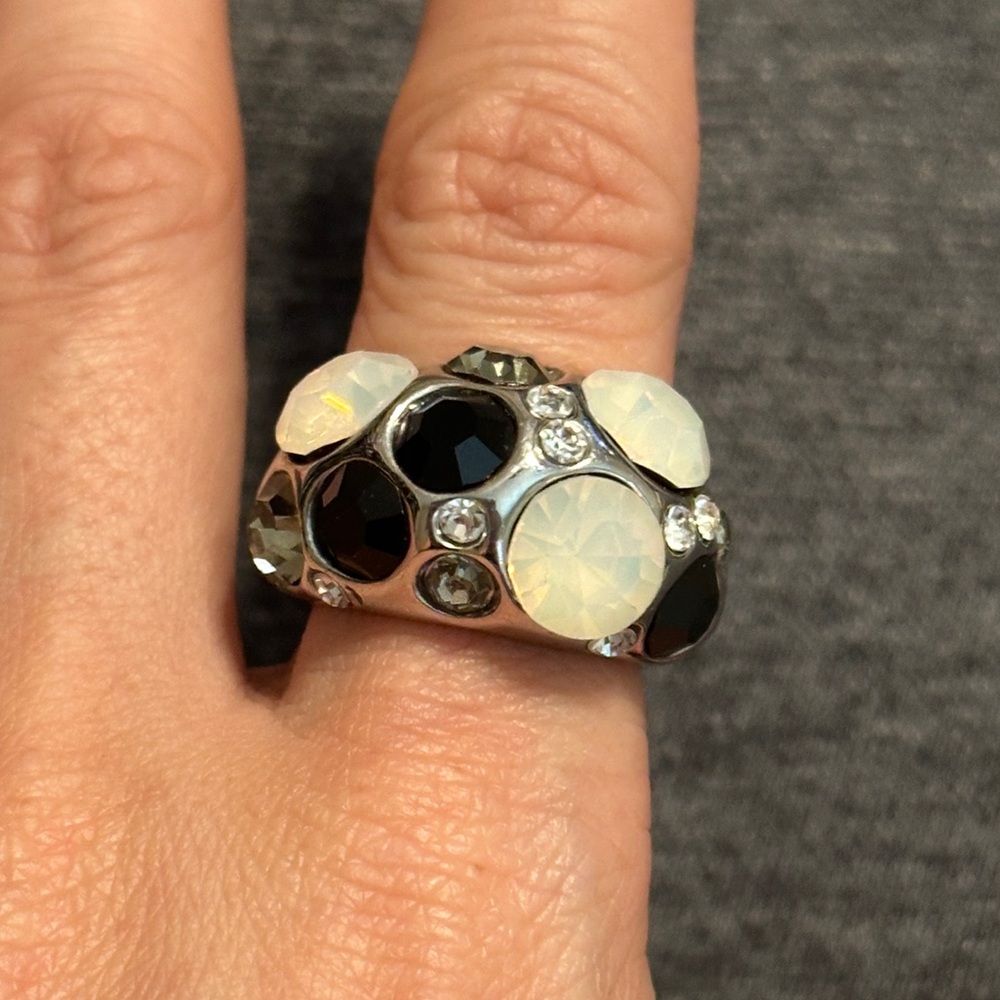 Women’s Silver Dome Statement Ring, Clear, Gray, Black & Opalescent Stones, Sz 7